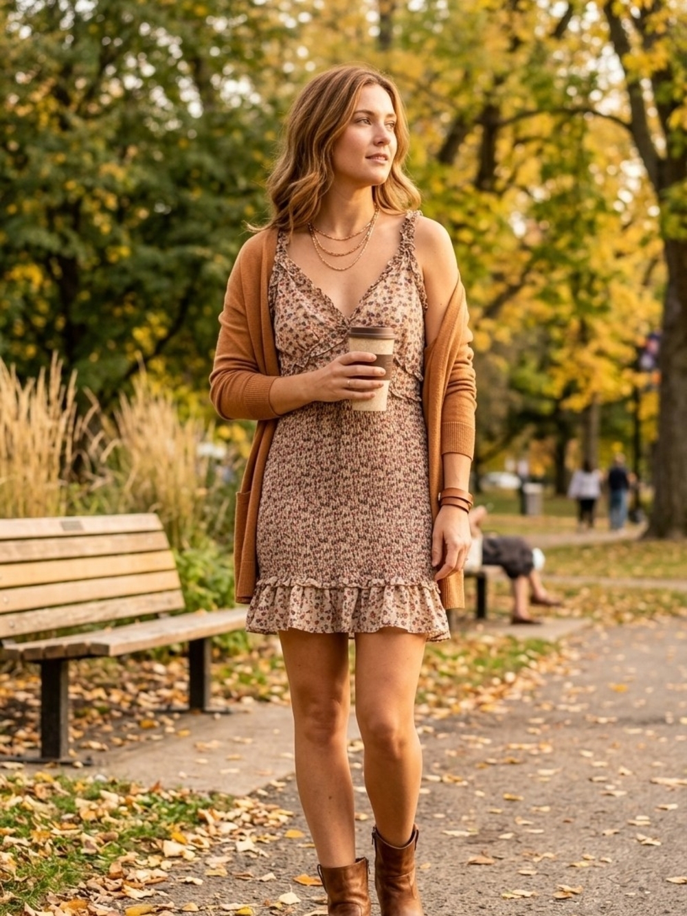 Storia Taupe Floral Smocked Ruffle Mini Dress